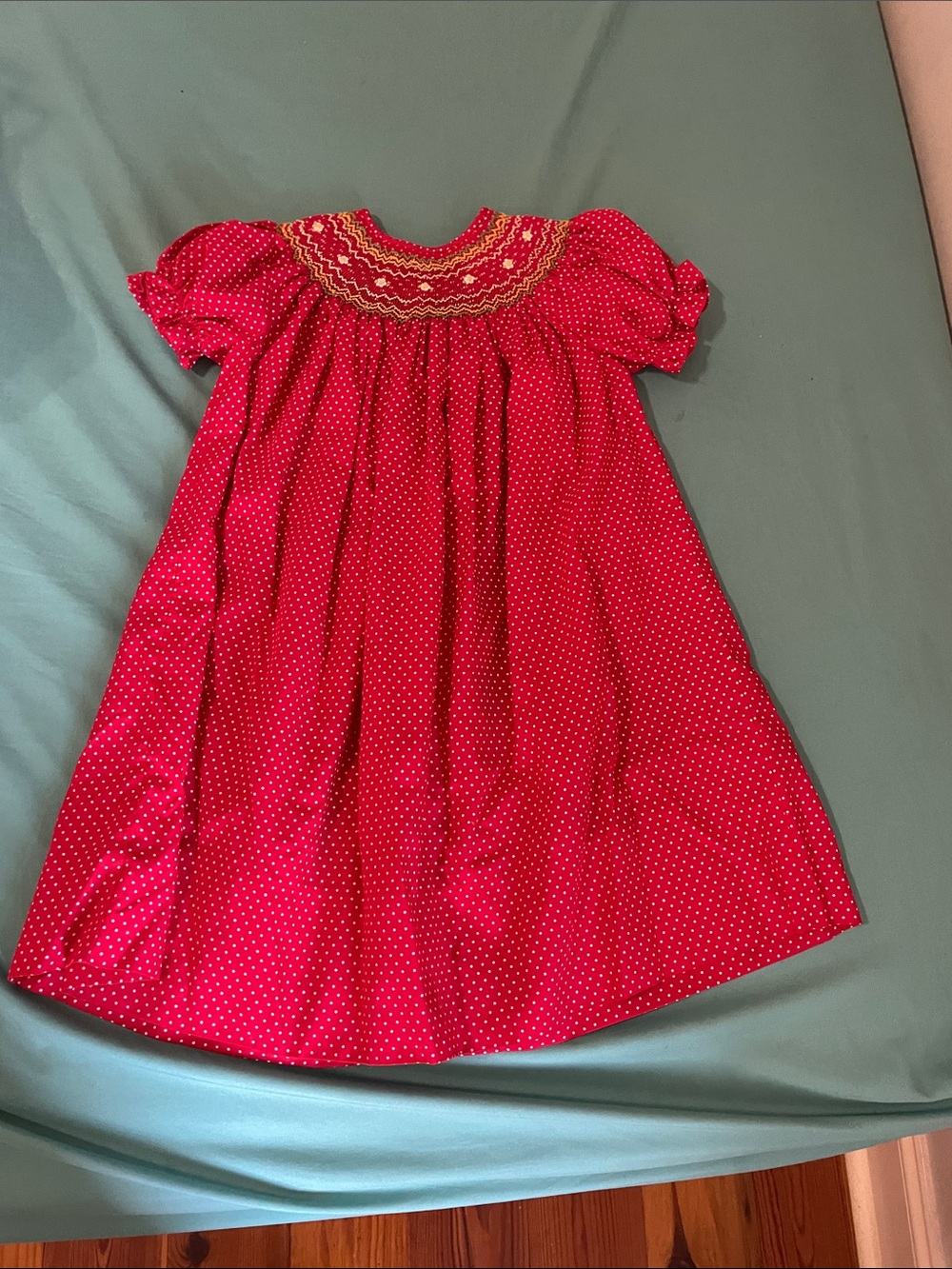 Girls Red Smocked Polka Dot Dress
